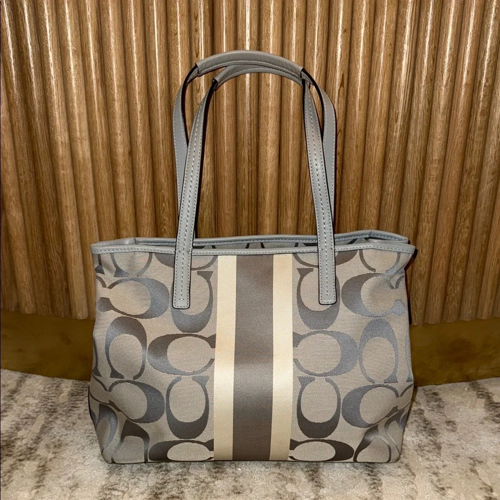 COACH Hamptons Weekend Signature Stripe Medium Tote Gray/silver